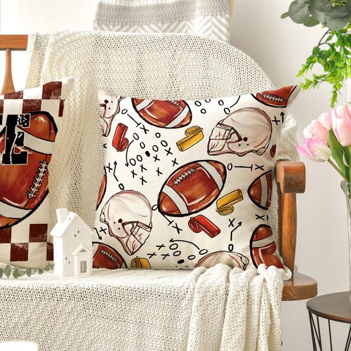 AVOIN colorlife Football Game Day Throw Pillow Covers, 18 x 18 Inch American Football Game Touch Down Sports White Cushion Case for Sofa Couch Set of 4