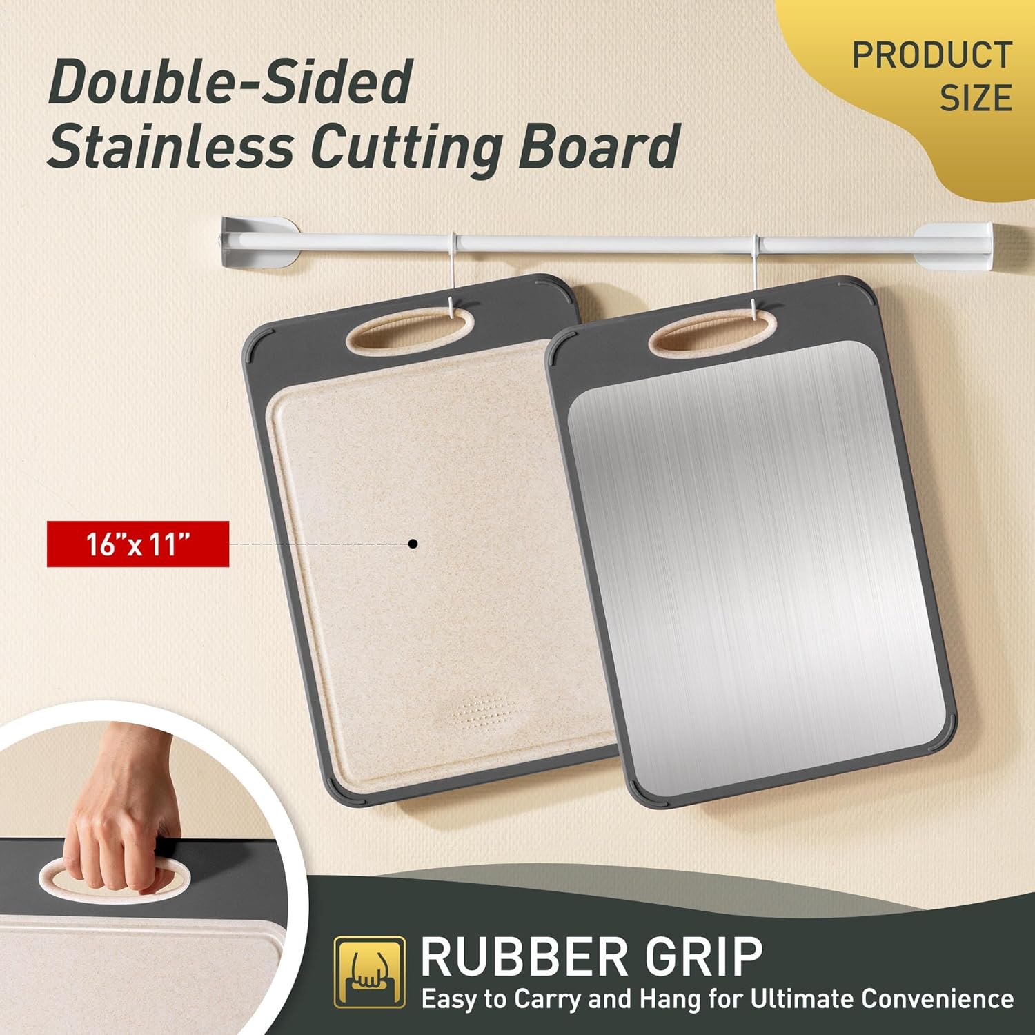 Stainless Steel Cutting Board - Non-Toxic Double-Sided Kitchen Chopping Board for Meat & Vegetables | Large Size 16”L x 11”W