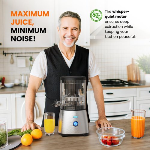 Eurolux Electric Citrus Juicer Stainless Steel | Premium Hands-Free One-Touch Orange Juice Squeezer for Oranges, Lemons, and Limes | Quiet Operation, Easy to Clean, Countertop Small Kitchen Appliance