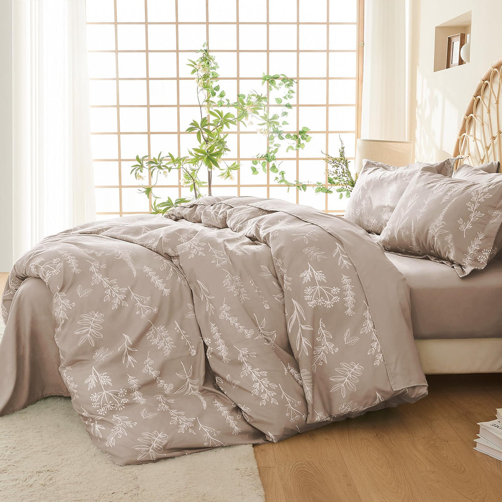 MUXHOMO Duvet Cover Queen Size, Reversible Floral Taupe Duvet Cover Set with Zipper Closure, 3 Pieces Botanical Patterns Soft Microfiber Bedding Set with 4 Ties (90"x90", 2 Pillow Cases)