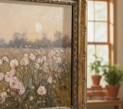 Gold Framed Vintage Pink Wildflower Canvas Wall Art - Rustic Spring Landscape Painting 9x11in