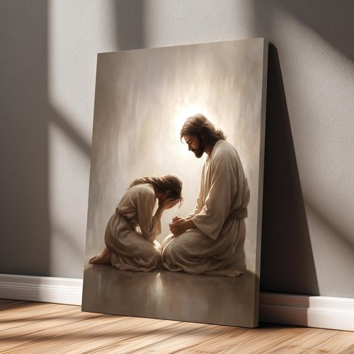 FASWQ Framed Jesus and Woman Wall Art - Christian Canvas Painting for Home | 12x16 Inch Sacred Heart Decor