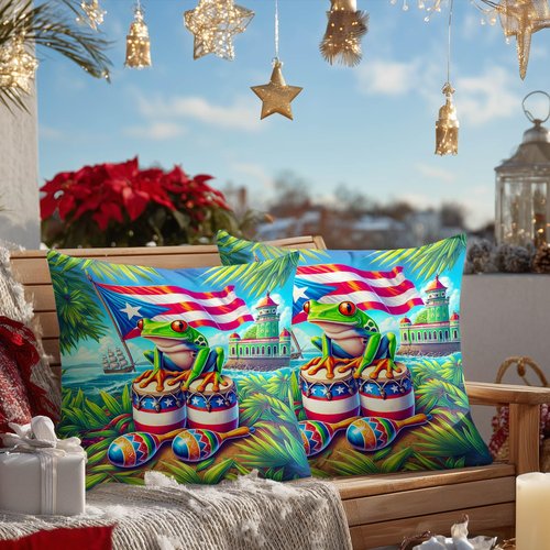 HOMETITUTE Set of 2 Puerto Rico Throw Pillow Covers 18x18 Inch Soft Decorative Coqui Frog Flag Drum Maracas Cushion Covers Tropical Island Culture Pillow Cases for Sofa Couch Bed Home Decor