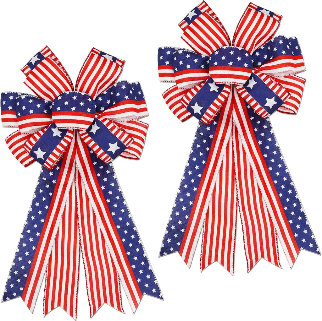 Skiennix Large Patriotic 4th of July Bows - Pre-Tied Wired Ribbon for Wreaths | 20x11 Inch, 2 Pack, Red