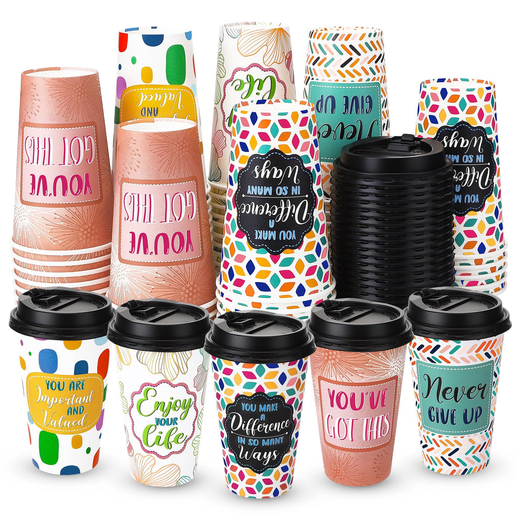 Ovveroche 50 Pack 16 oz Disposable Coffee Cups with Lids,5 Motivational Encouragemen Positivity Paper Hot Cups for Hot and Cold Beverages,Coffee,Tea,Water,Juice
