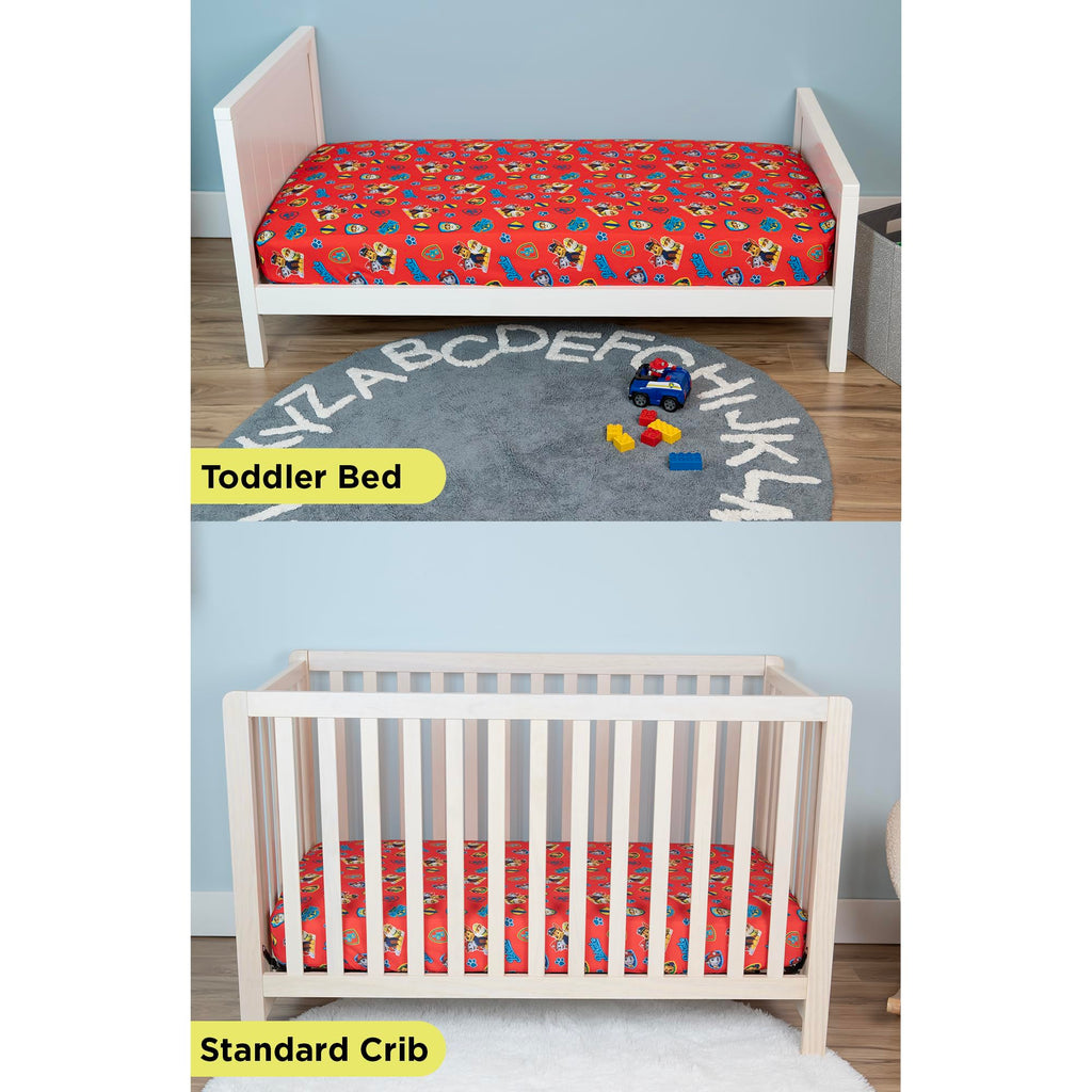 Paw Patrol Sheet Set - Fits Toddler Bed or Crib Mattress - Fitted Sheet and Reversible Pillowcase, Red