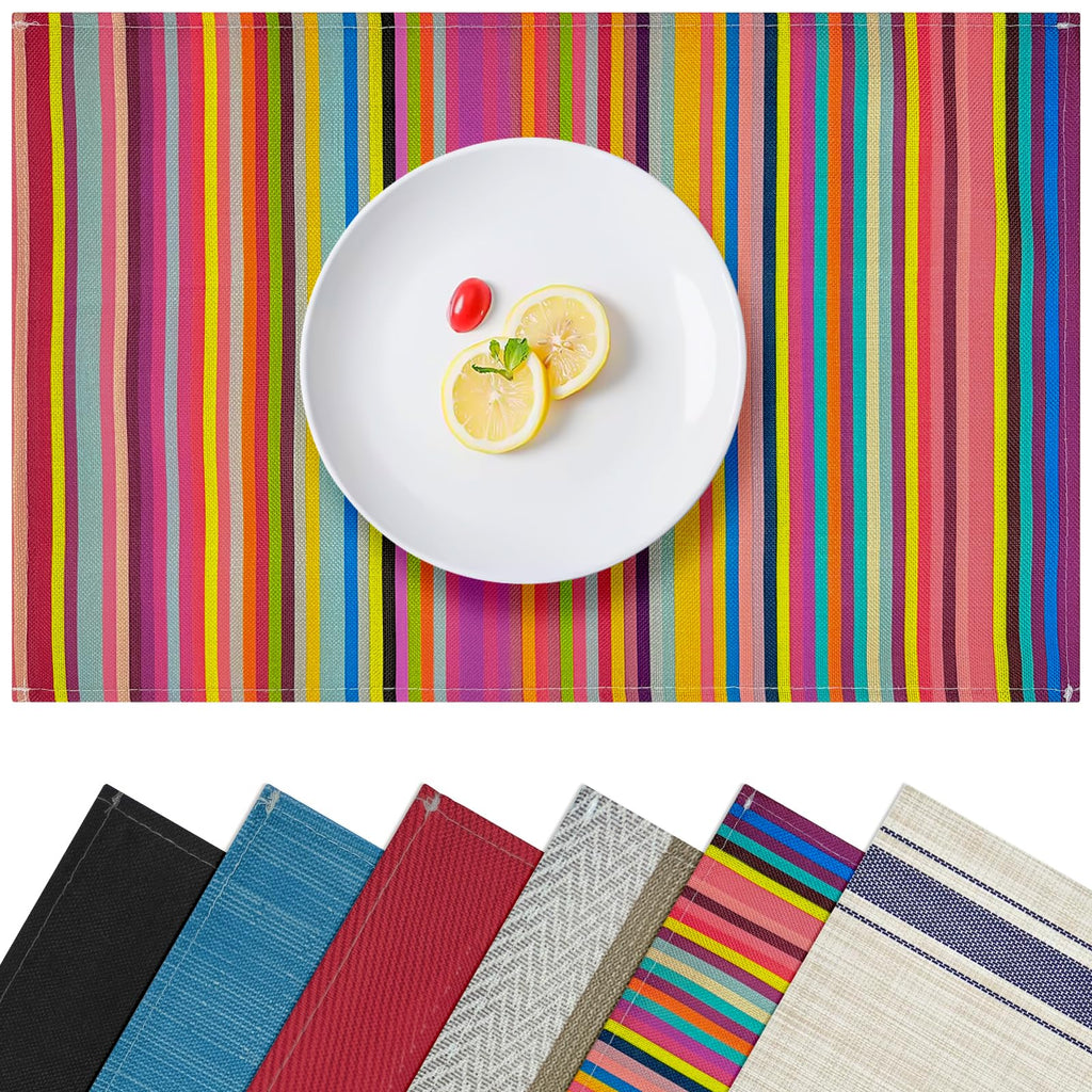 Carethos Rainbow Placemats Set of 4, 12x18 Inch Heat-Resistant Washable Easy to Clean Place Mats, Faux Linen Cloth Table Mats Suitable for Indoor/Outdoor Parties & Kitchen Decor (Rainbow)