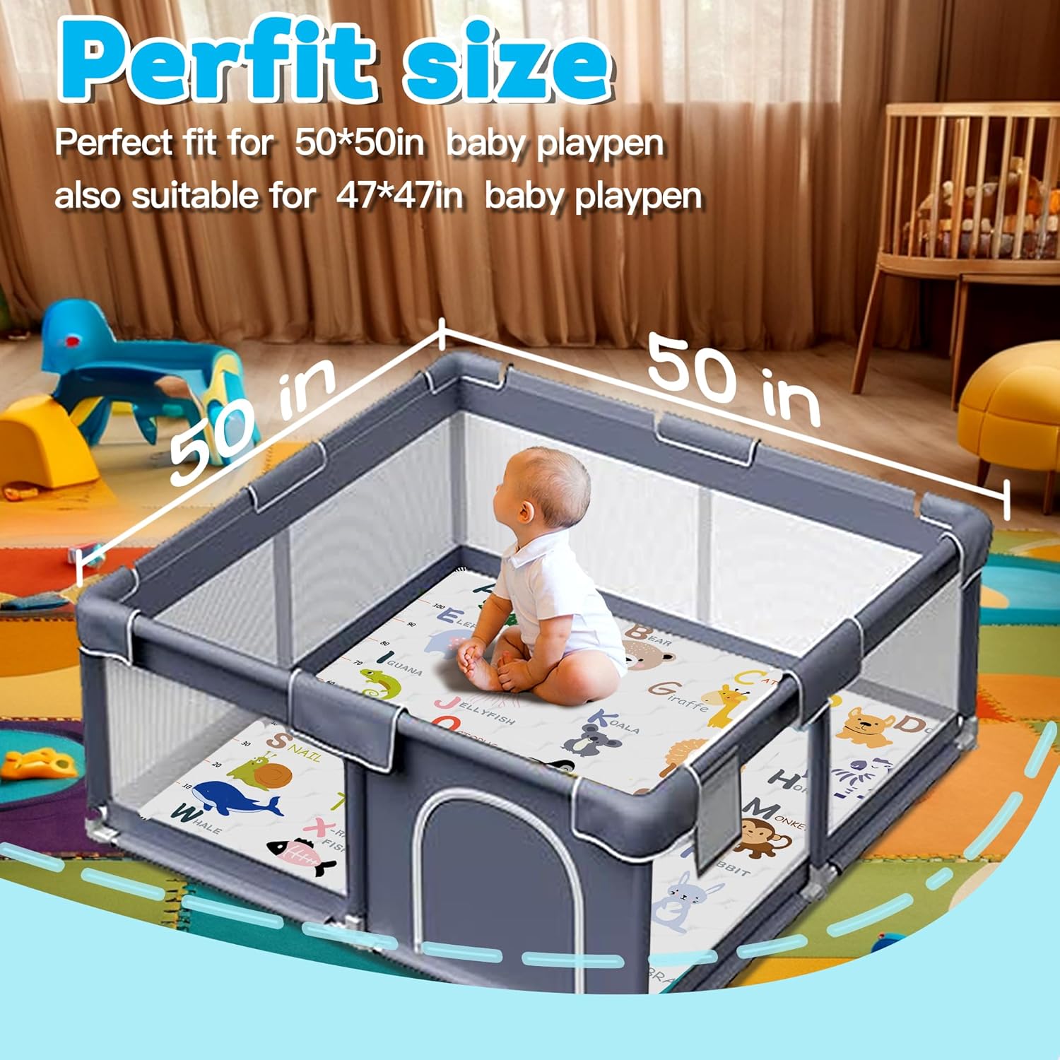Skiennix Baby Play Mat - Thick Soft Non-Slip Crawling Mat | 50" x 50" Machine Washable, Animal Alphabet-A