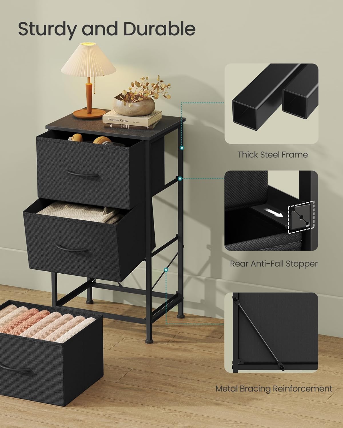 SONGMICS Dresser - Stylish Chest of Drawers with 3 Non-Woven Fabric Bins | Ink Black & Ebony Black