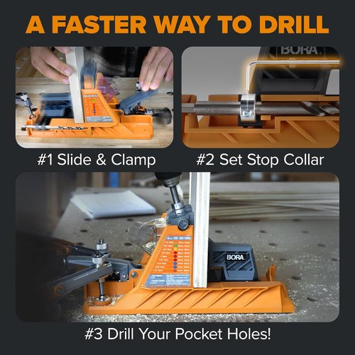 BORA Automatic Pocket Hole Jig Kit - Auto Adjusting Drill Guide with 50 Color-Coated Screws | For 1/2" to 1 1/2" Thick Materials