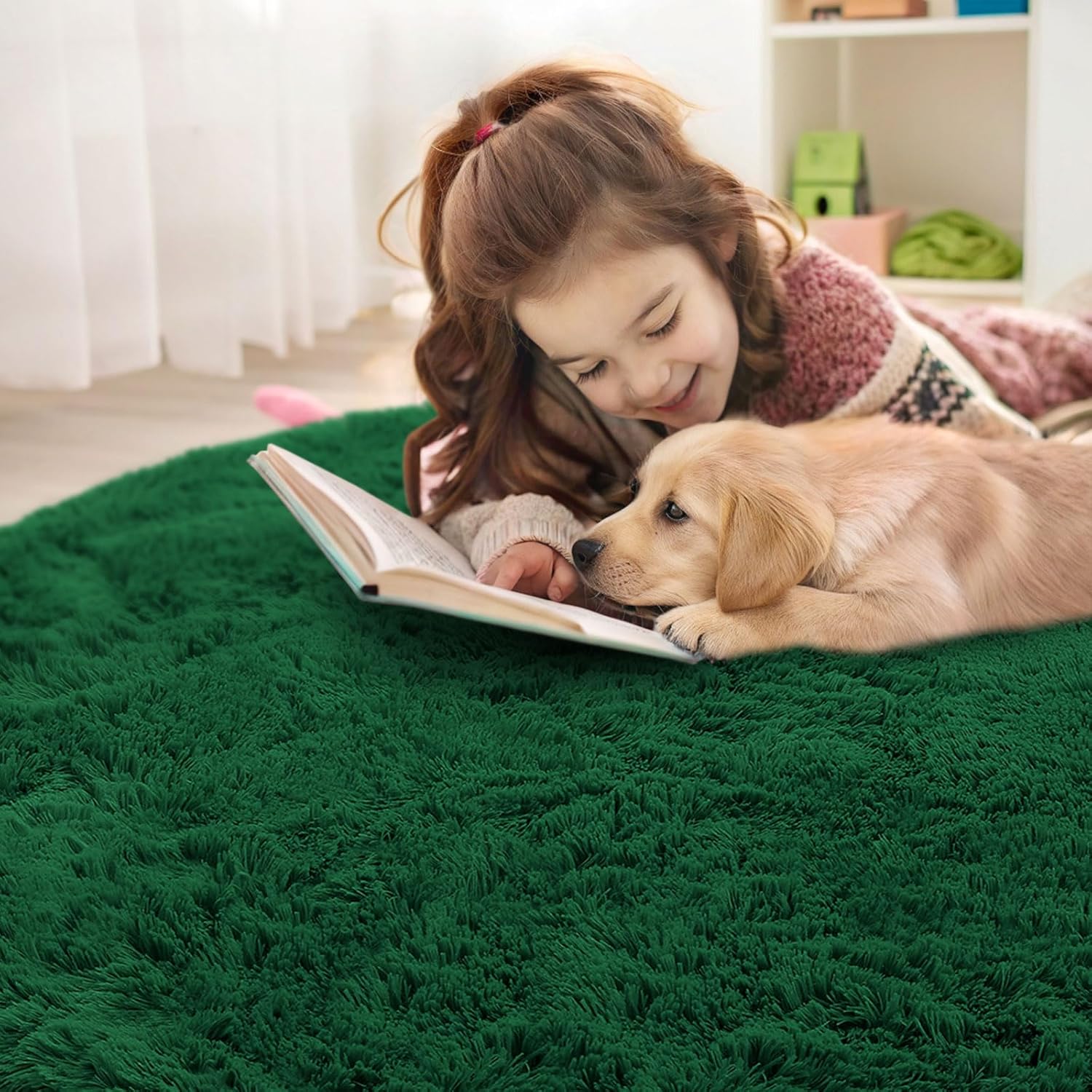 OLANLY Dark Green Round Rug - Soft, Fluffy Shaggy Carpet | 4 ft Machine Washable Area Rug for Bedroom & Living Room Decor