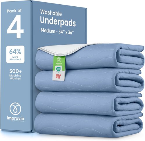 IMPROVIA® Washable Underpads - Heavy Absorbency Reusable Incontinence Pads | Waterproof Protection (Blue, 34"x36", Pack of 4)