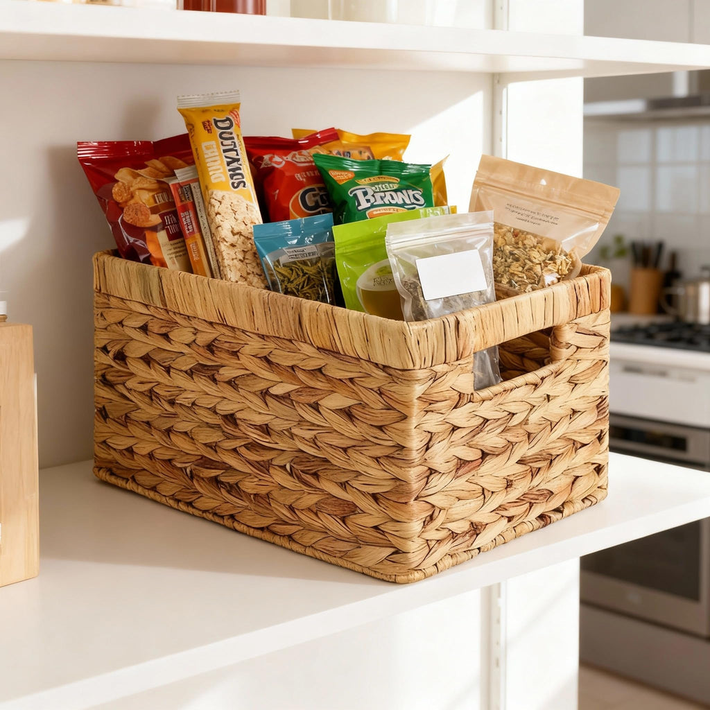 Water Hyacinth Storage Baskets for Shelves, Set of 4 Wicker Pantry Shelf Baskets with Built-In Handles, Woven Organizer Bins for Closet, Bathroom, Kitchen Cabinets, 13 x 8.25 x 7 In
