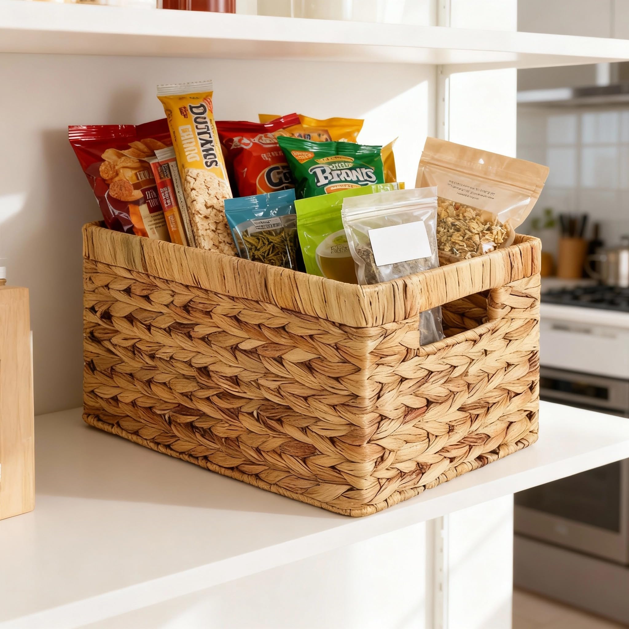Water Hyacinth Storage Baskets for Shelves, Set of 4 Wicker Pantry Shelf Baskets with Built-In Handles, Woven Organizer Bins for Closet, Bathroom, Kitchen Cabinets, 13 x 8.25 x 7 In