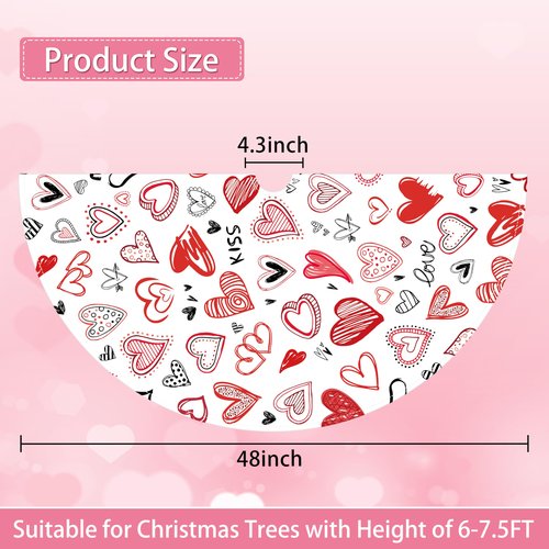 Valentine's Day Tree Skirt 48 Inch Red Love Heart Xmas Tree Skirt Indoor Outdoor Valentines Decorations Romantic Christmas Tree Mat for Home Party Holiday Decor