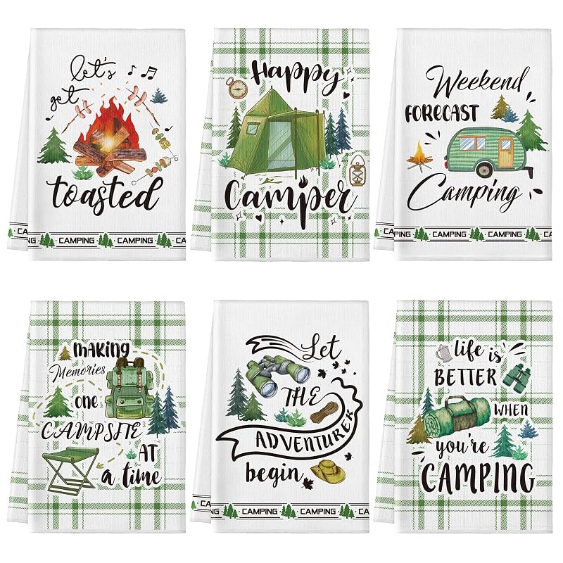 Camping Kitchen Towels 6 Pcs with Hanging Loop - Green Tent Design