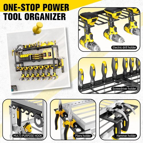Hipidian Heavy Duty Power Tool Organizer - 300lb Capacity 3-Tier Wall Mount Rack with 7 Drill Holders