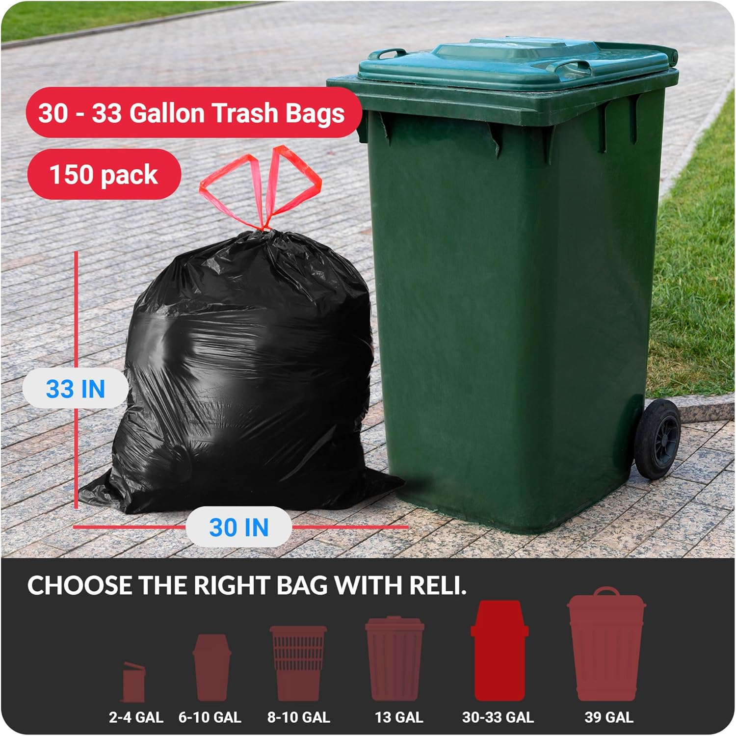 Reli. Heavy Duty 30 Gallon Trash Bags with Drawstring - 150 Count | Black Garbage Bags