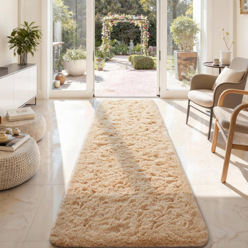 Ophanie 2x8 Runner Rug - Non-Slip Fluffy Soft Beige Shaggy Carpet for Hallway & Bedroom Decor