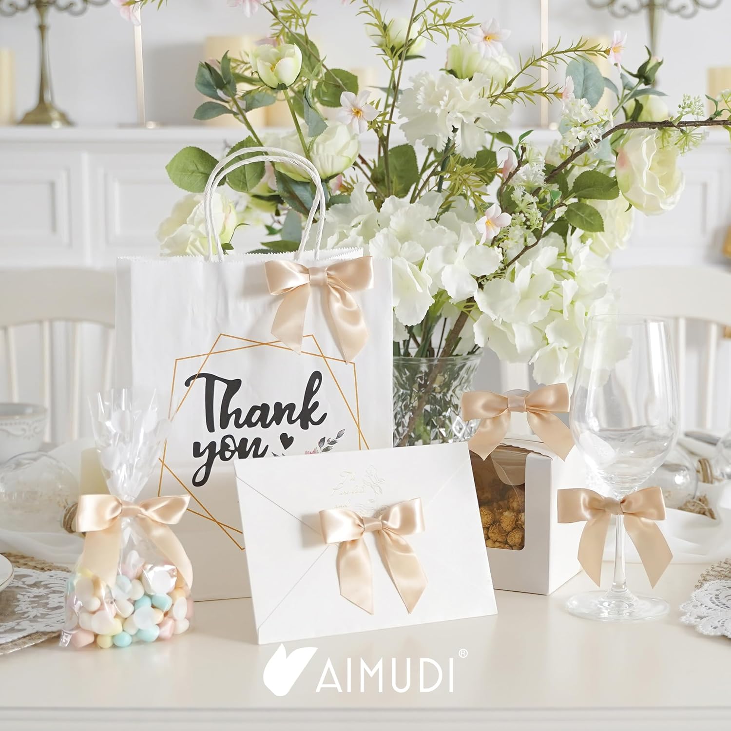 AIMUDI Champagne Gift Wrapping Bows - 3.5" Pre-Tied Small Christmas Tree Bows | 50 Count for Crafts & Decorations
