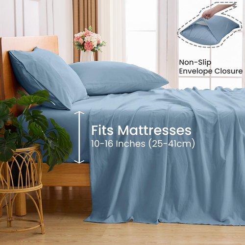 GOKOTTA 4-Pcs King Size Sheets Set, 10-16" Deep Pocket, Non-Slip Elastic Corner Straps, Washed & Brushed Microfiber Polyester - Hotel Luxury, Ultra Soft, Breathable, Wrinkle-Free, Anti-Rip -Dusty Blue