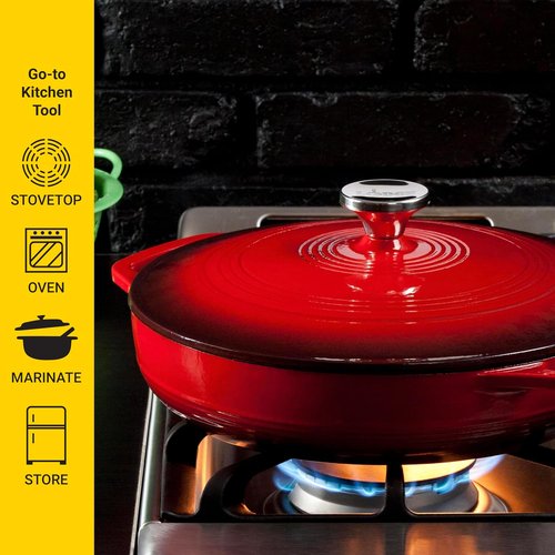 Lodge Essential Enamel Braiser - Induction-Safe & PFAS-Free Cookware - 3.5 Quart, Island Spice Red