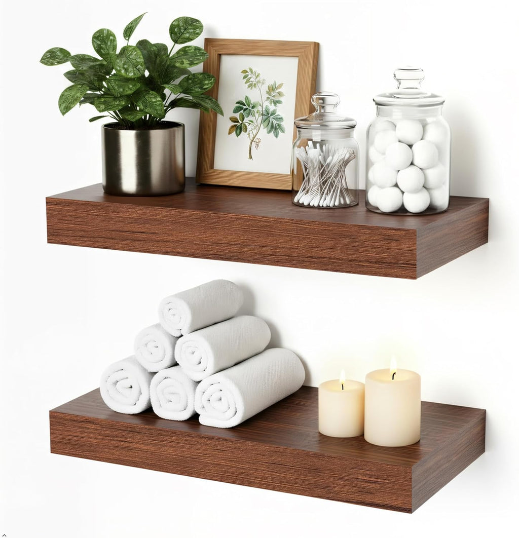 Modern Wooden Floating Shelves by [Brand Name] - Stylish Wall-Mounted Storage | Set of 2, 12x7x1.5 in (Walnut-Like)