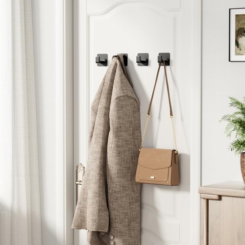 GWAAZXGZ Square Self-Adhesive Towel Hooks - 4 Pack Matte Black Metal for Towels, Robes & Hats | Right-Angle Design for Smooth Surfaces