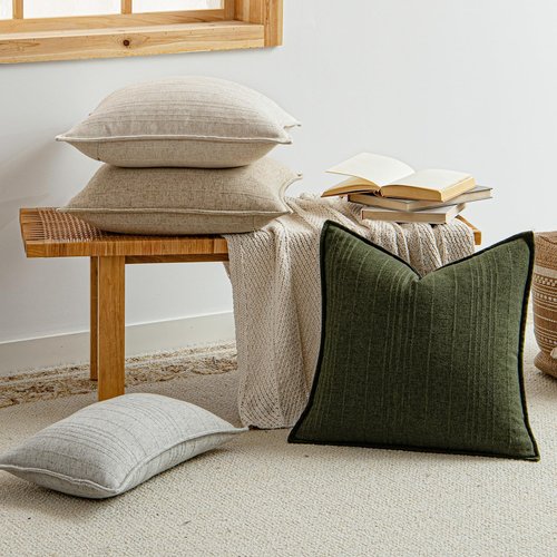 a moment Linen Pillow Covers Set of 2,Boho Farmhouse Throw Pillowcases Neutral Textured Decorative Covers for Couch Sofa,Linen Blend Accent Case Cushion Living Room Home Decor 20"x12"Dark Green