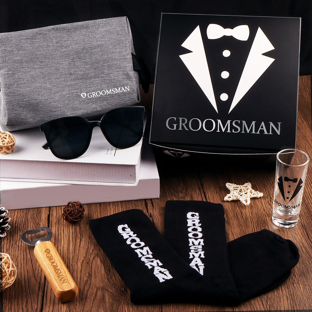 Mhoel 36Pcs Groomsmens Gifts Set of 6,Best Man Groomsmen Proposal Box Gifts,2oz Shot Glasses,Oxford Bags,Black Sunglasses,Bottle Openers,Socks,Proposal Boxes,Wedding Bachelor Party for Groomsmens