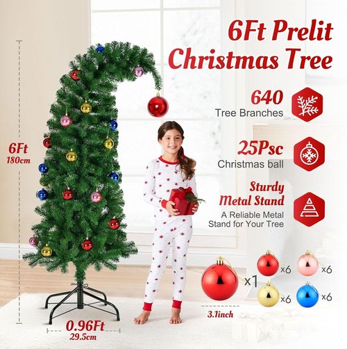 Hatisan 6FT Artificial Christmas Tree - Bent Green Design with Ball Ornaments & Metal Base | Holiday Decor