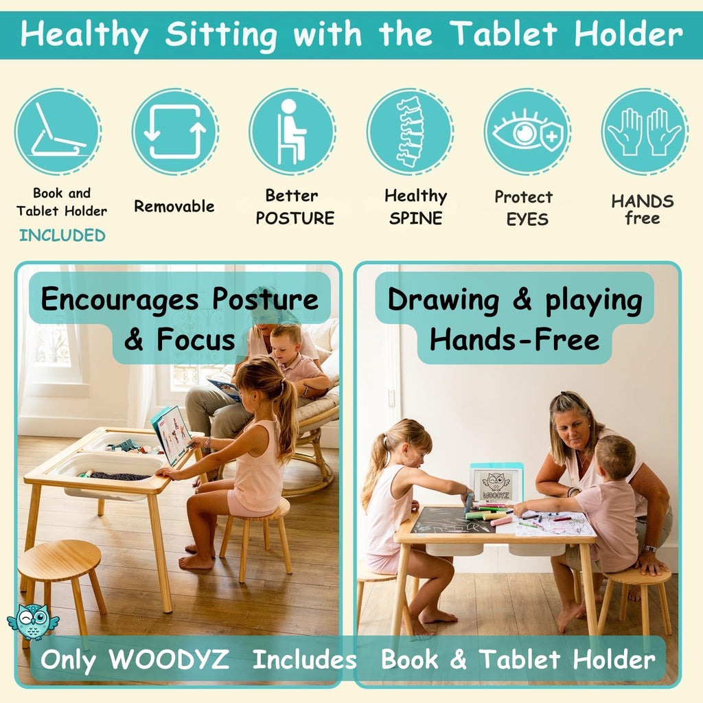 Woodyz - Evolving Sensory Table For Toddlers with Chairs & Foldable Bins - Indoor Kids Arts And Crafts Table - Play a Montessori Activity with Sand - Book/Tablet Holder- (Paper & Accessories included)
