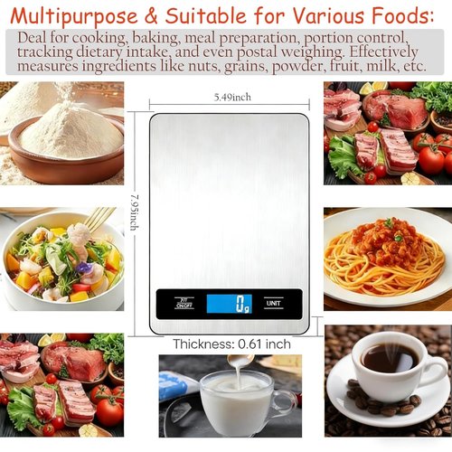33lb/15kg Digital Food Kitchen Scale - Precision 1g/0.1oz Timer, Stainless Steel, Easy-Tare | Silver