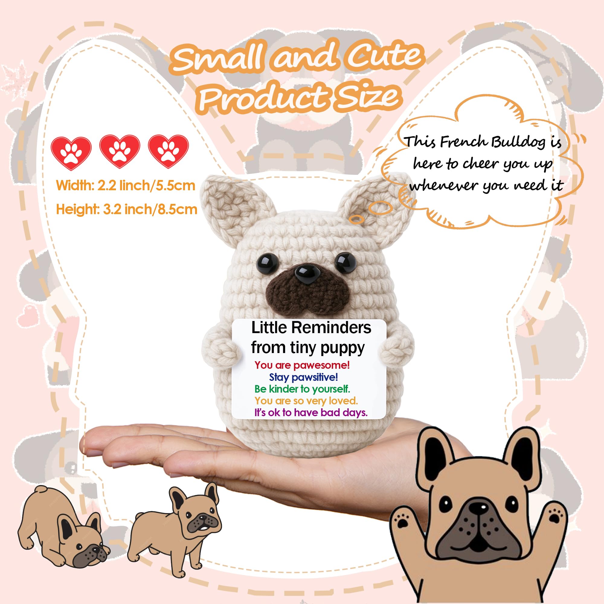 Mini Crochet French Bulldog Gifts for Teacher Appreciation Graduation,Emotional Support Stress Relief Crochet French Bulldog Gift for Dog Mom Dad Friends Nurses,Handmade Positive Frenchie Desk Decor