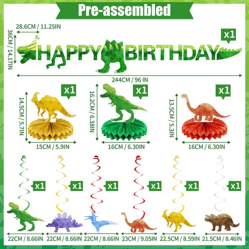 Pre-Strung Dinosaur Birthday Decorations - Dinosaur Happy Birthday Banner,Party Decorations for Boys Girls Kids,Dino Theme Hanging Swirl, Honeycomb Centerpiece Table Decor