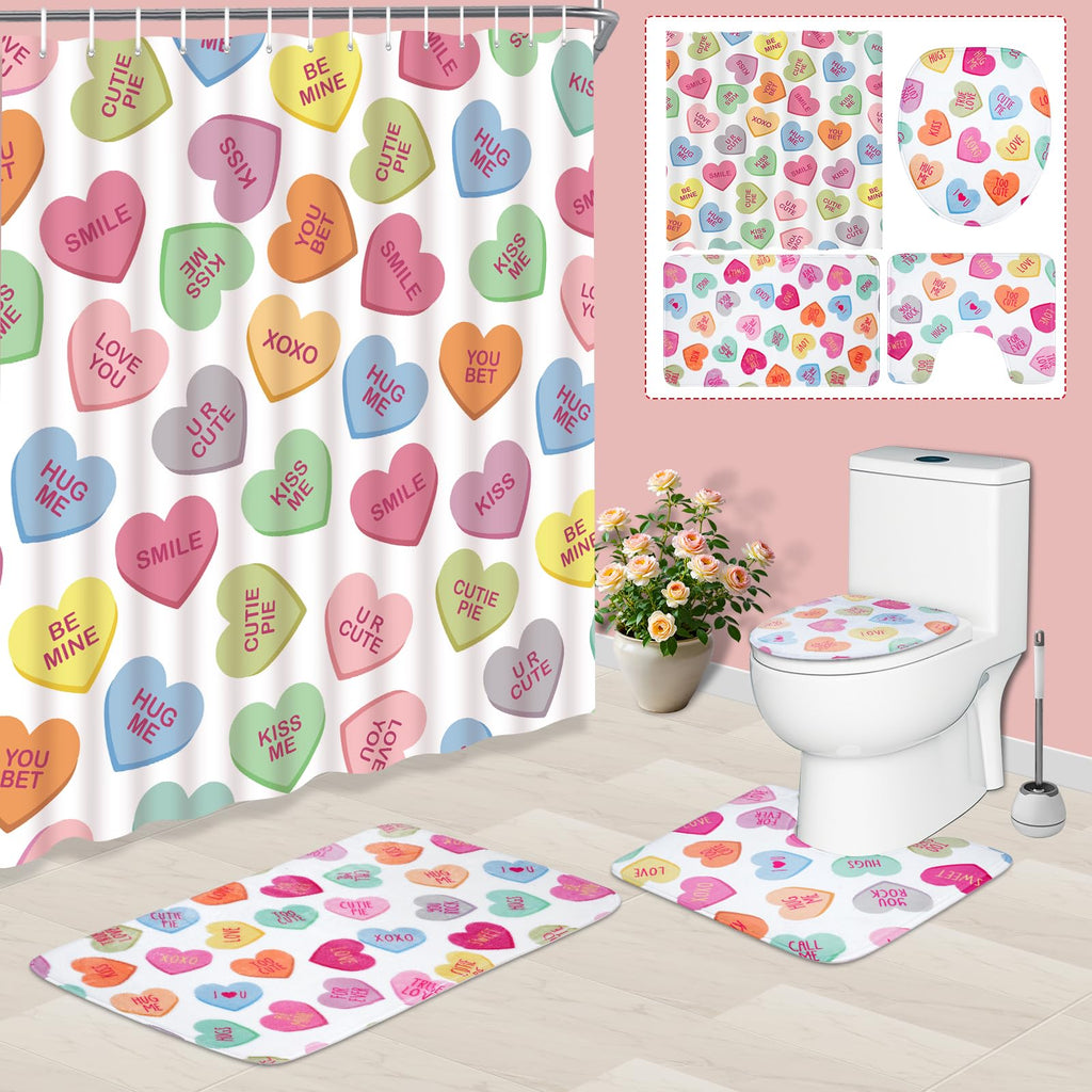 Hauwellter 4 Pcs Valentines Day Shower Curtain Sets, Pastel Heart Valentine Bathroom Set with Shower Curtains and Non Slip Rug Toilet Lid Cover U Shaped Bath Mat, Valentines Day Bathroom Decorations