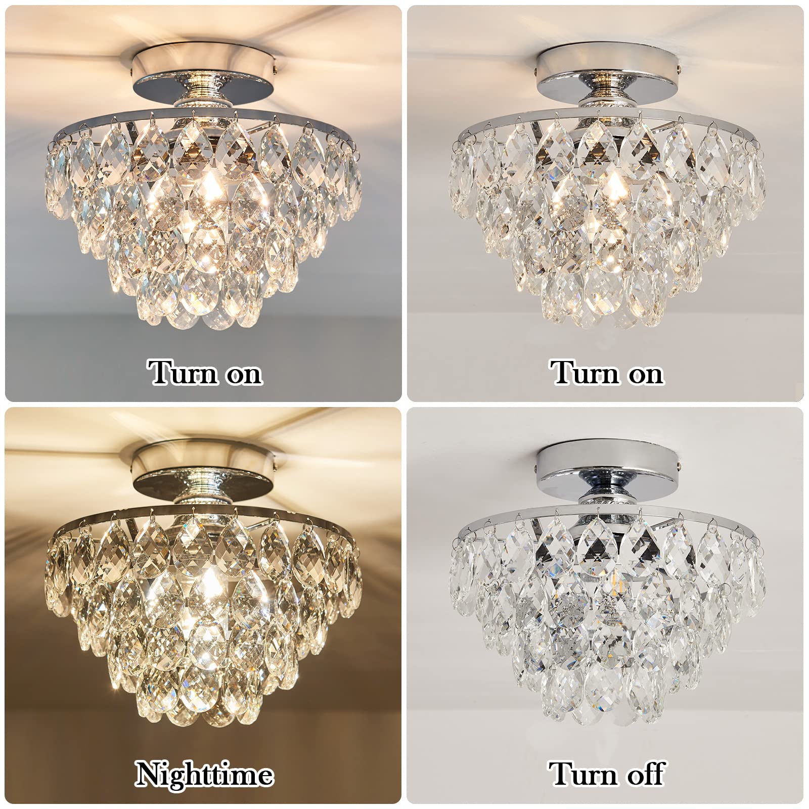 YYJLX Modern E26 Small Crystal Chandelier Semi Flush Mount Ceiling Light Fixture Silver Ceiling Lamp for Hallway Bedroom Bathroom Closet Bedroom Foyer （Chrome）