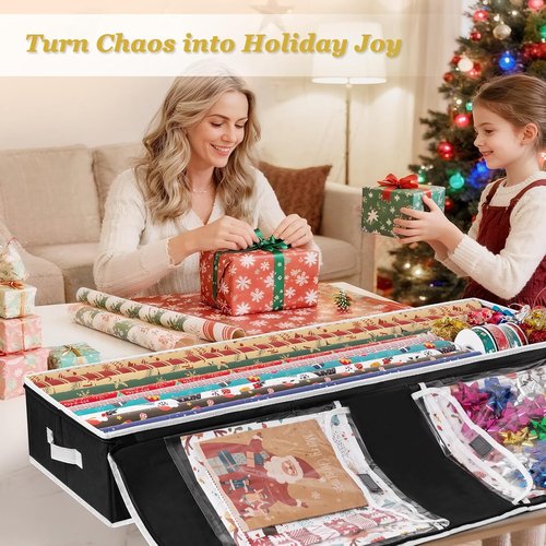 Criusia Gift Wrapping Paper Organizer - Durable Underbed Storage for 24 Rolls with Removable Dividers | Black