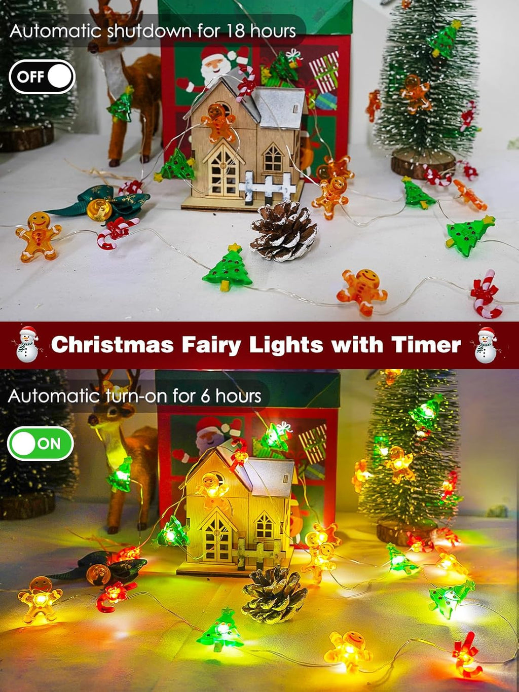 Skiennix Christmas String Lights - 10ft 30LED Fairy Lights with Remote & Timer | Gingerbread Man & Candy Cane Design