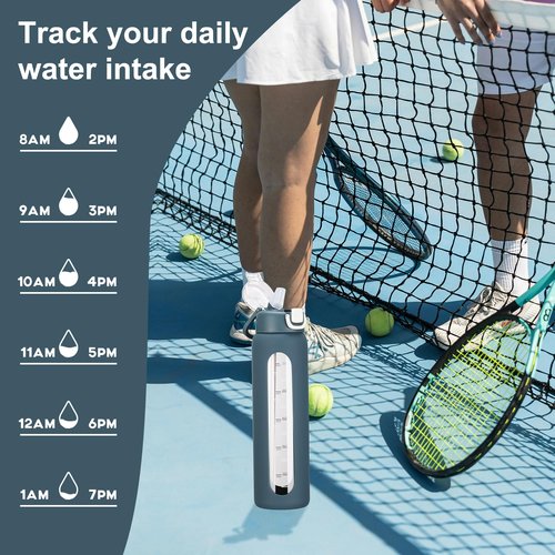 chunmo 32 oz Glass Water Bottle with 2 Lids-Handle Spout Lid & Straw Lid, 1 Liter Motivational Borosilicate Water Bottle with Time Marker and Silicone Sleeve,Leakproof-Dark Blue-1 Pack