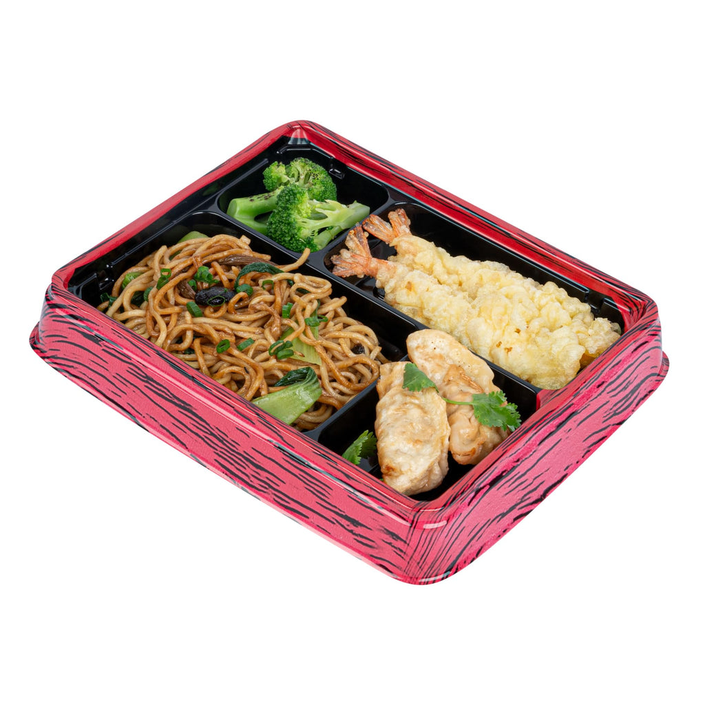 Restaurantware Bento Tek 15.2 Ounce Meal Prep Containers, 50 Disposable To Go Food Boxes - Lids Sold Separately, 4 Compartments, Red And Black Plastic Bento Lunch Boxes, Freezable, For Take Out