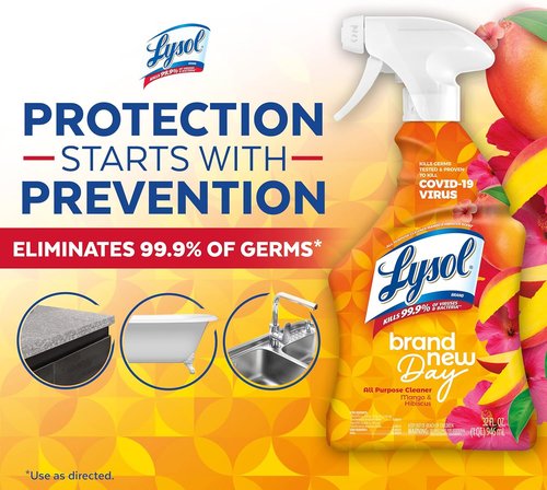 Lysol All-Purpose Cleaner Spray - Multi-Purpose Disinfectant for Kitchen & Bathroom | Mango & Hibiscus, 32 Fl Oz (Pack of 2)