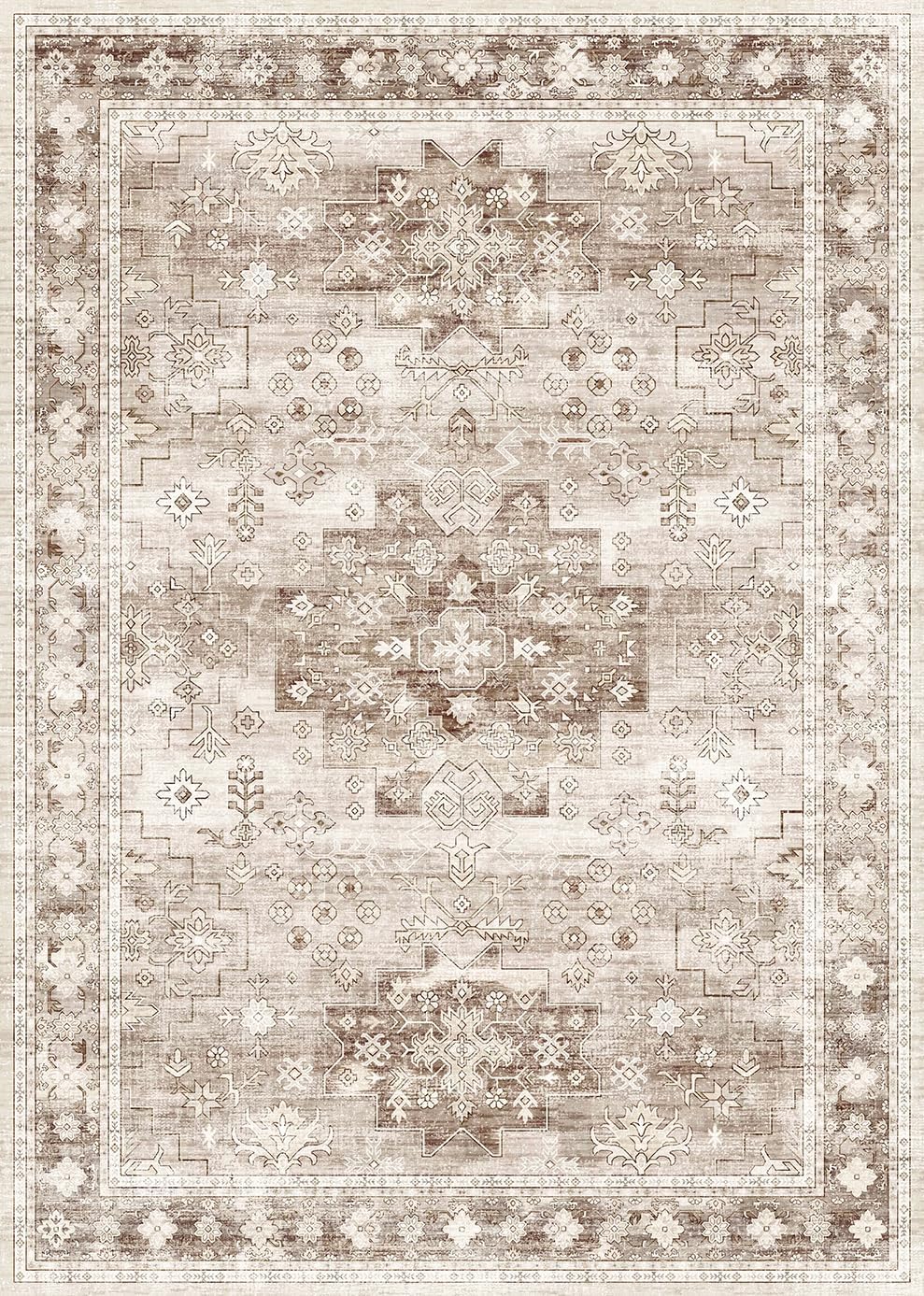 Skiennix Washable Area Rug - Large 9x12 Boho Vintage Floral Design | Non-Slip & Stain Resistant in Beige/Latte