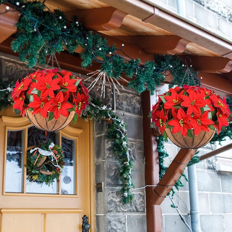 artificial christmas poinsettia hanging baskets 2-pack red flowers