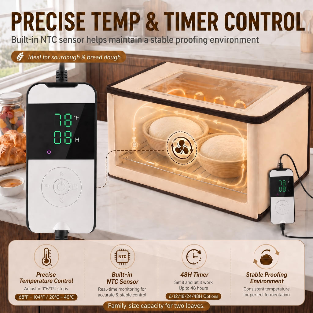 BLUBYEES Folding Bread Proofing Box, 3-Sided Heating with Precise 68-104°F Temp Control, 48H Timer, Family-Size Dough Proofer for 2 Loaves, Sourdough & Pizza Dough