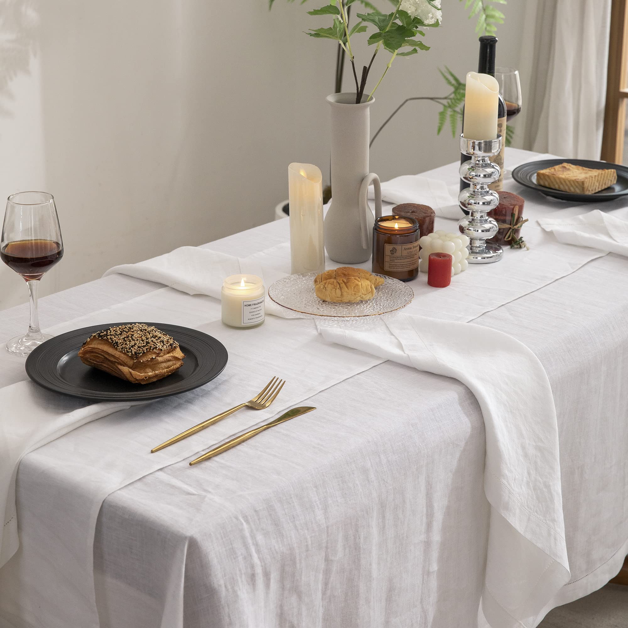 EVERLY 100% Pure Linen Rectangle Tablecloths 60x84Inches for Dining, Buffet Parties, Picnic,Events, Weddings and Restaurants, Decorative Halloween, Thanksgiving Machine Washable Tablecloths-White