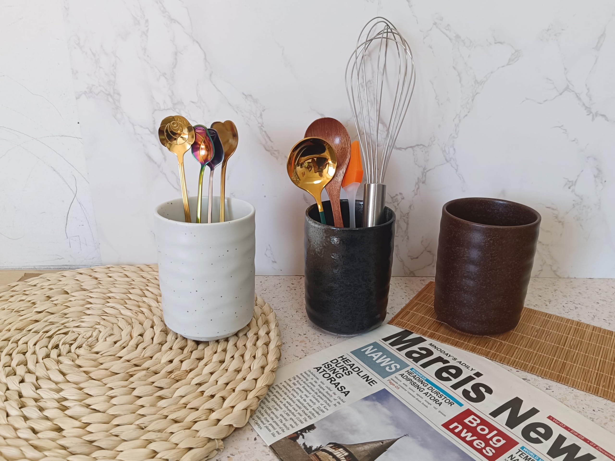 TOPYOKK Stoneware Coffee Bar Utensil Holder Tea & Coffee Spoon & Stirrer Holder for Stir Stick Straw Teaspoon Holder Spoon Cup Small Utensil Jar (Spotted White)