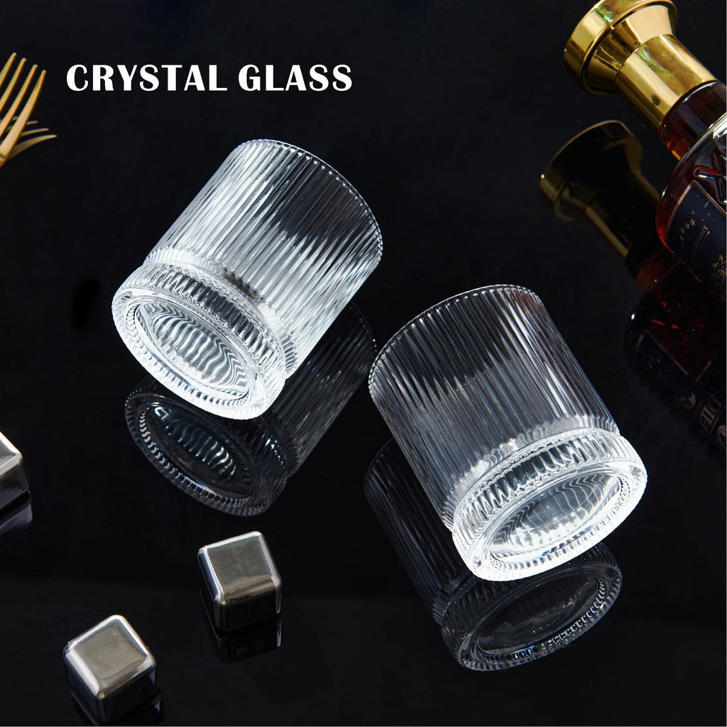 VUNDO Ribbed Whiskey Glasses Set of 8, 12 Oz Lead-Free Crystal Heavy Base Barware Glass, Perfect for Bourbon Rocks Cocktail Scotch Drinking
