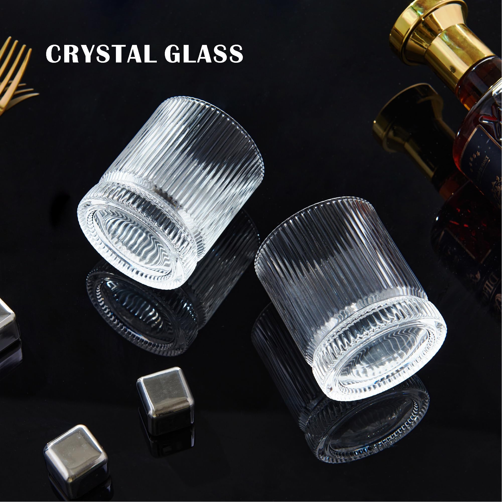 VUNDO Ribbed Whiskey Glasses Set of 8, 12 Oz Lead-Free Crystal Heavy Base Barware Glass, Perfect for Bourbon Rocks Cocktail Scotch Drinking
