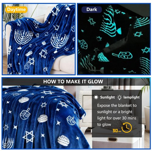 GOAUS Hanukkah Flannel Throw Blanket Glow in The Dark, 50x60 Inch, Jewish Chanukah Gifts for Boys Girls Kids